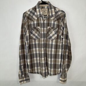 Hollister Long Sleeve Pearl Snap Shirt Mens Size L Large Tan Brown Plaid Pockets